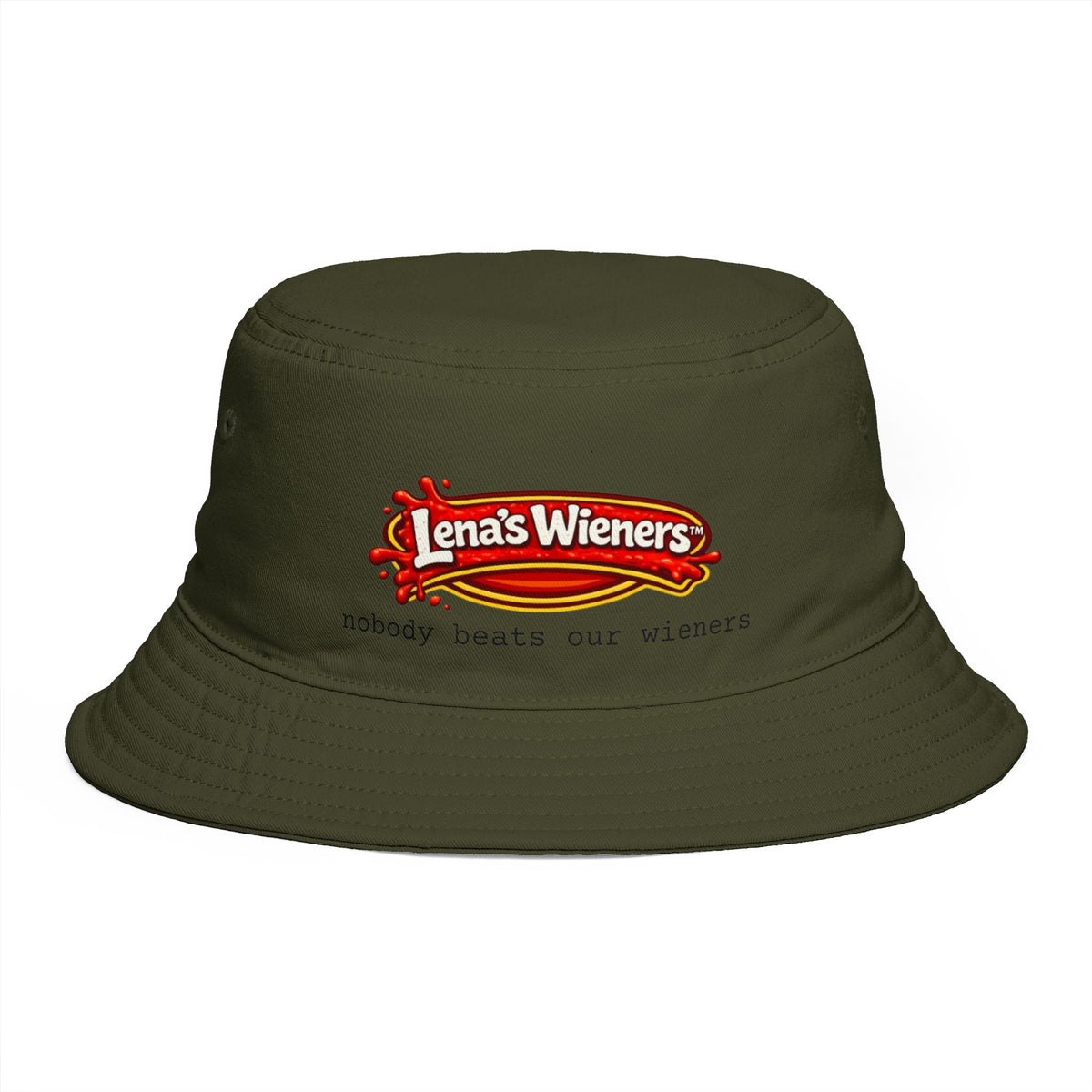 Nobody Beats Lena's Wieners Embroidered Bucket Hat — Retro Hot Dog Logo Cap