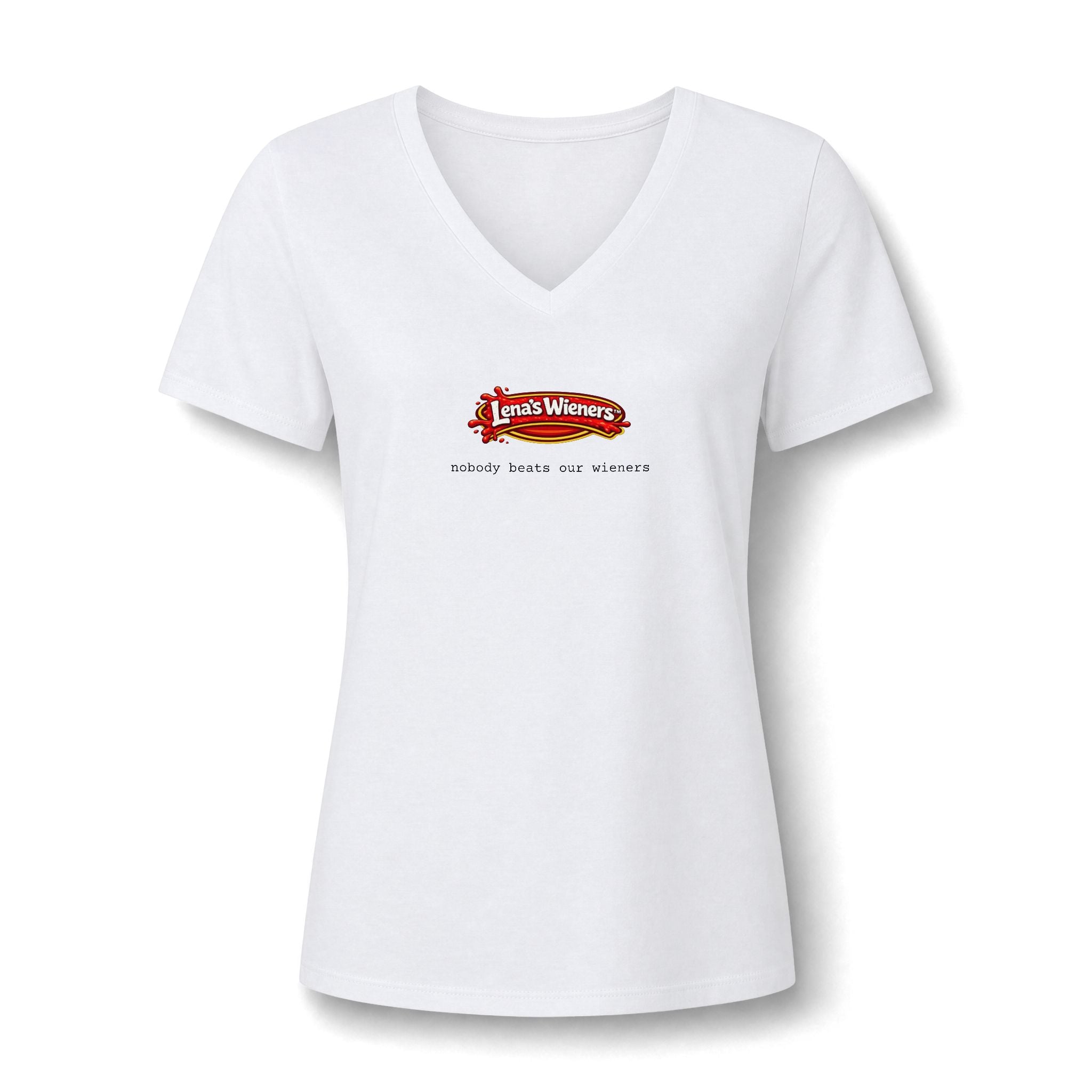 Nobody Beats Lena's Wieners Women's V-Neck Comfort Tee